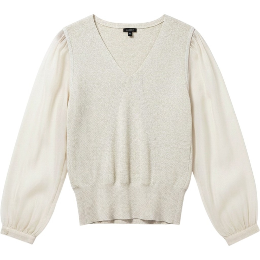 Talbots Gold Metallic Knit VNeck Sweater Sheer Chiffon Puff Sleeve Small Holiday